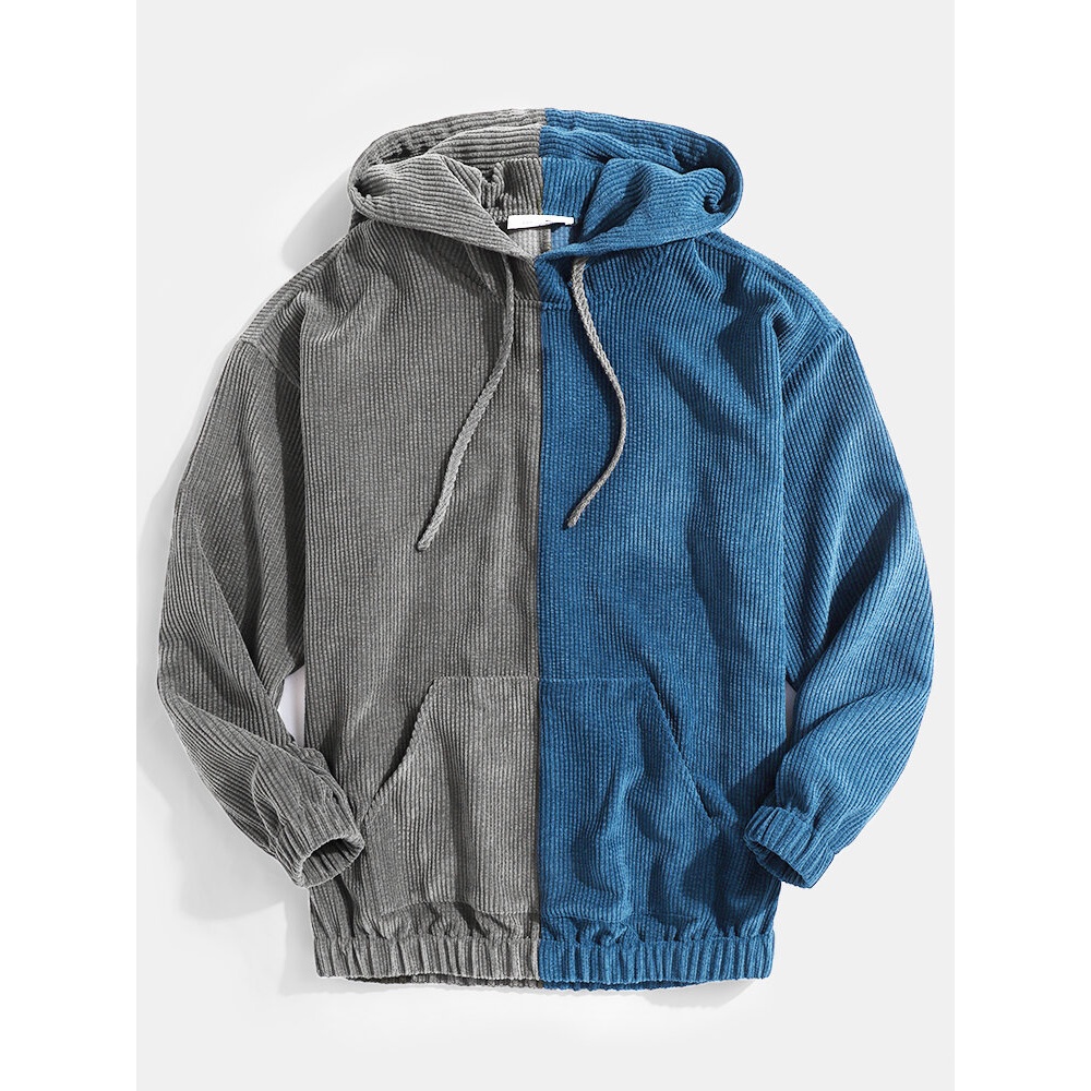 Mens Corduroy Contrasting Color Patchwork Pocket Casual Drawstring Hoodies - Blue S