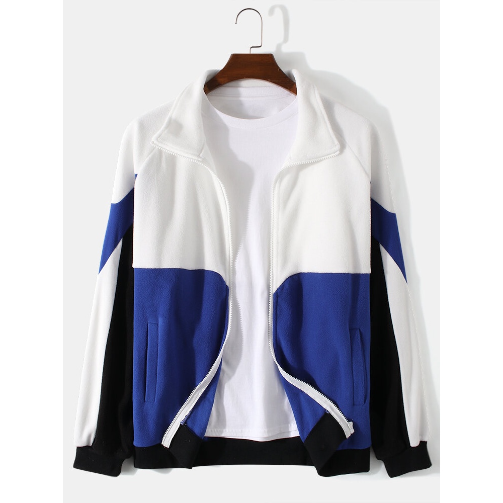 Mens Colorblock Patchwork Zip Front Lapel Casual Raglan Sleeve Cardigans - White L