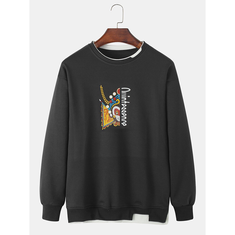 Mens Chinese Style Cartoon Print Patchwork Pullpver Long Sleeve Sweatshirts - Army Green L