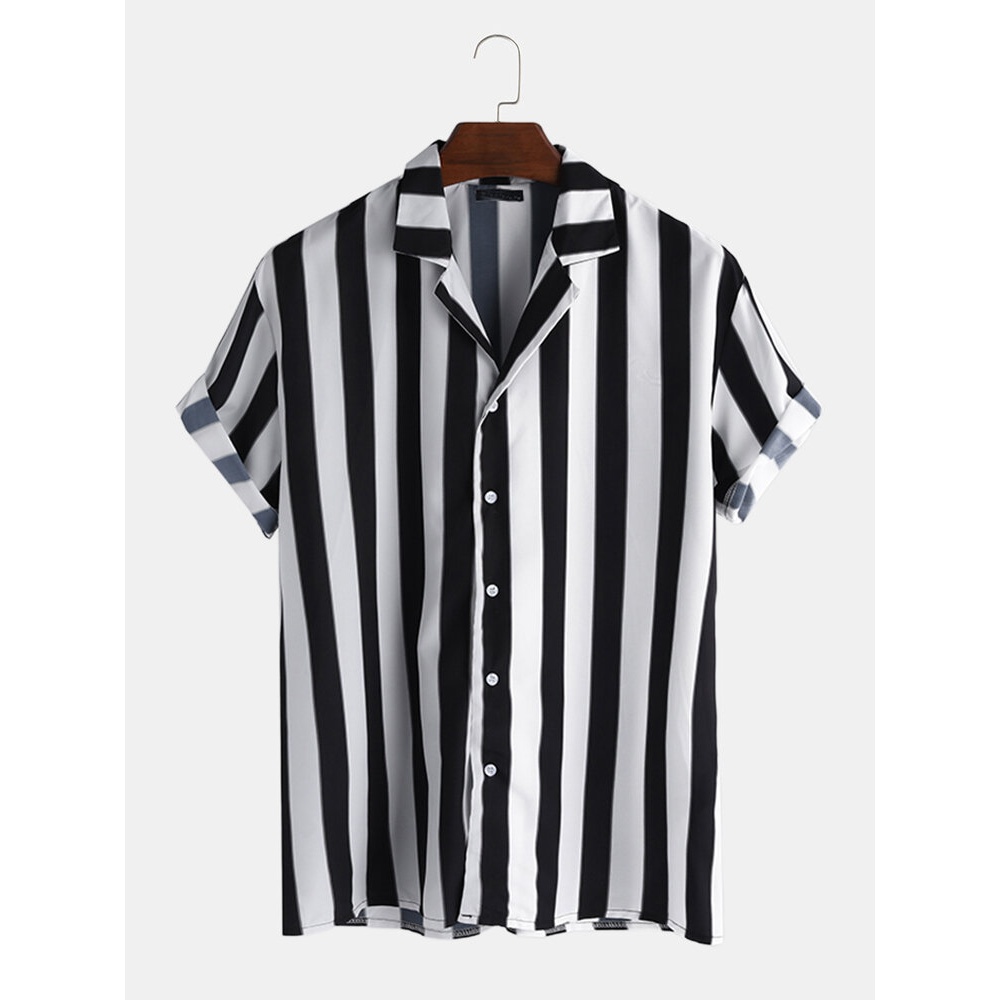 Mens New Fashion Trendy Black Striped Short Sleeved Shirts - S Black