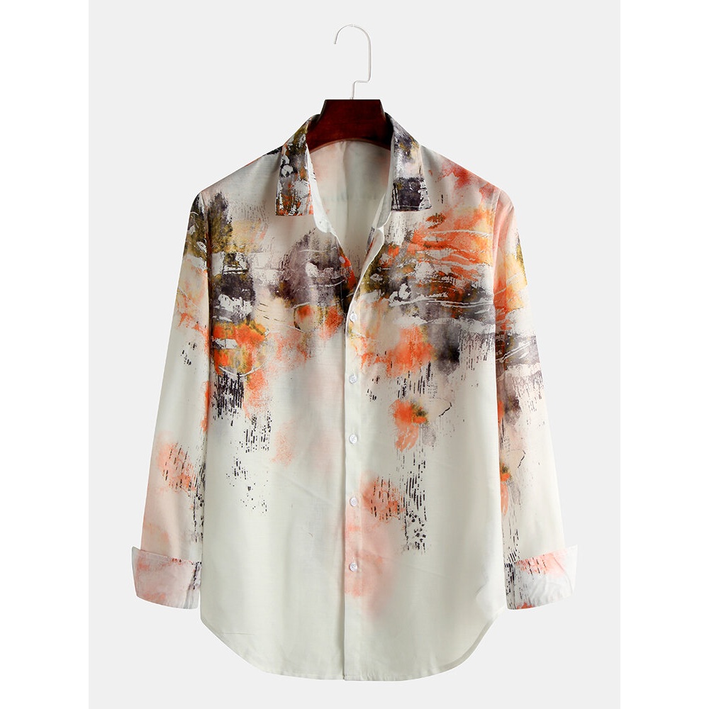 Oriental Ink Splash Landscape Print Long Sleeve Casual Shirts - Blue XL