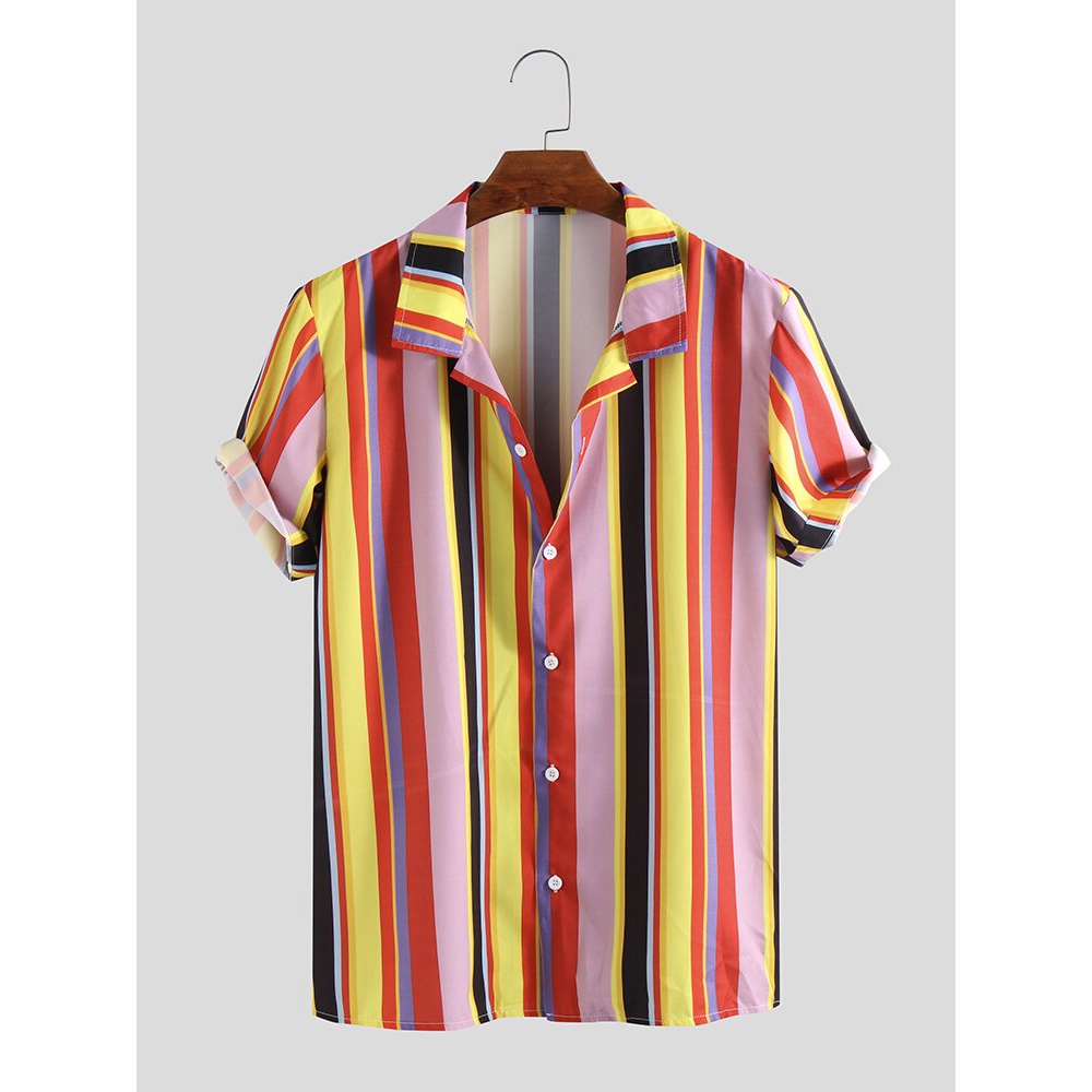 Mens Summer Colorful Stripe Printed Casaul Shirts - XL Red
