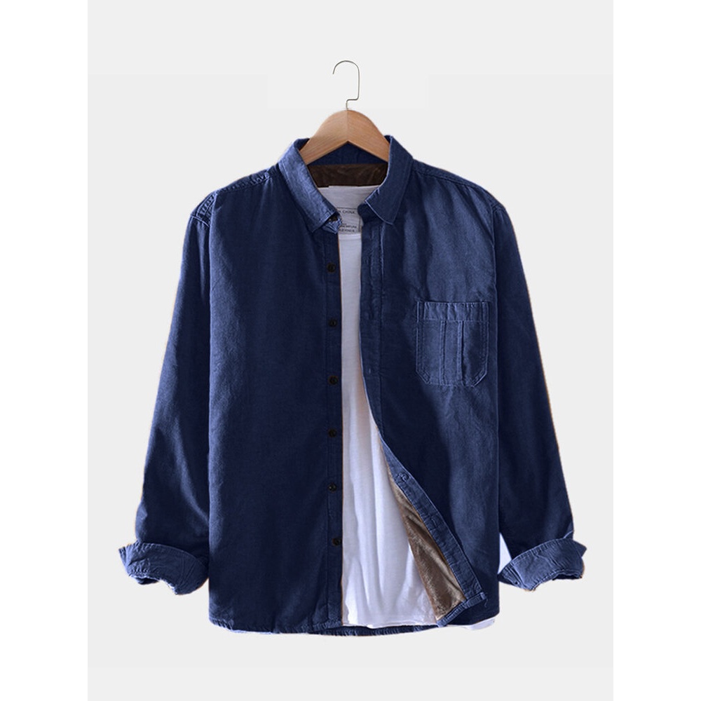 Mens Corduroy Solid Color Chest Pocket Long Sleeve Shirts - 2XL Coffee