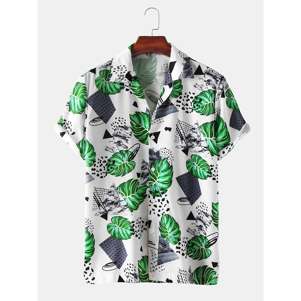 Mens Plant Leaf Printed Light Casual Revere Collar Short Sleeve Shirts - Green M