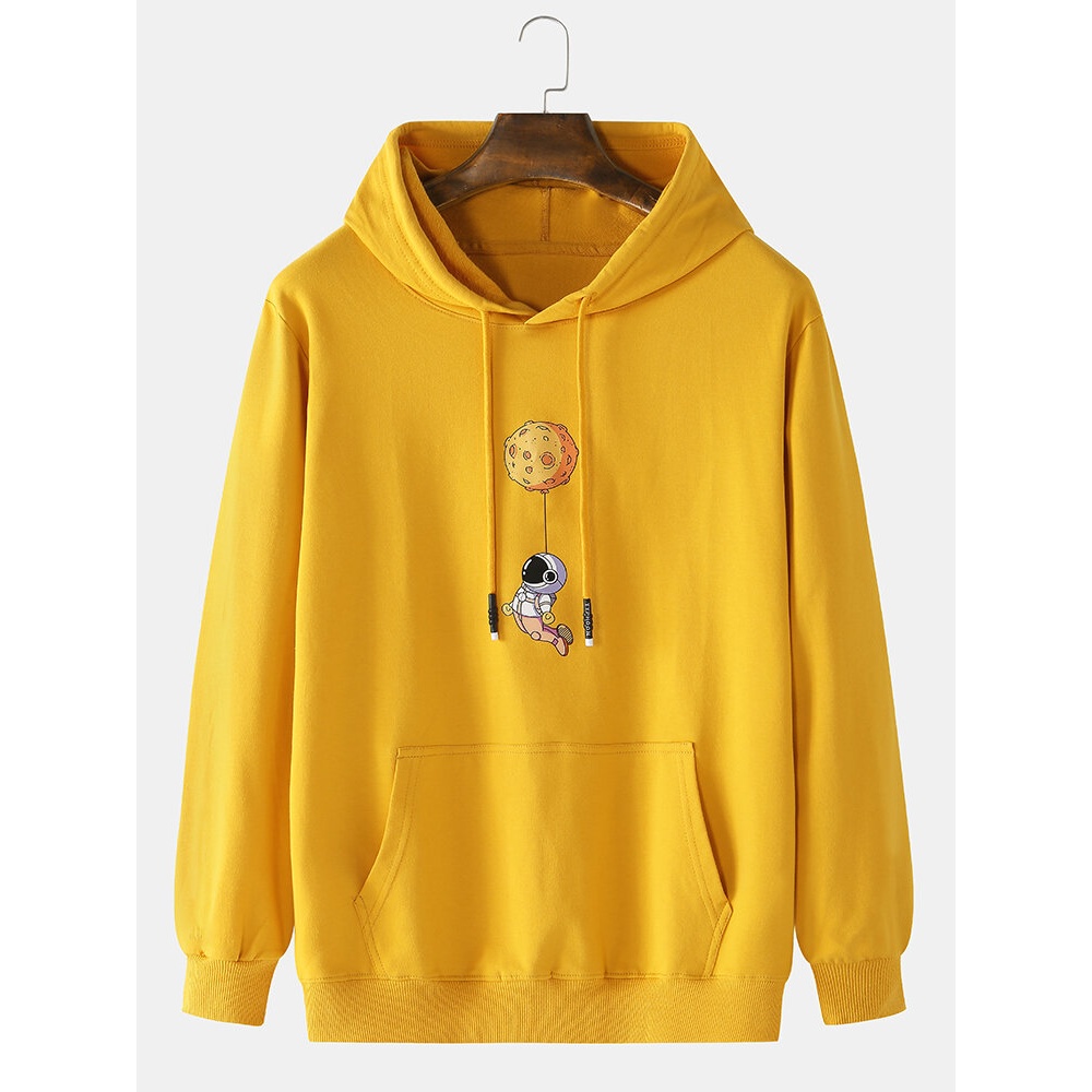 Mens Cotton Cartoon Astronaut Print Casual Kangaroo Pocket Drawstring Hoodies - Grey M