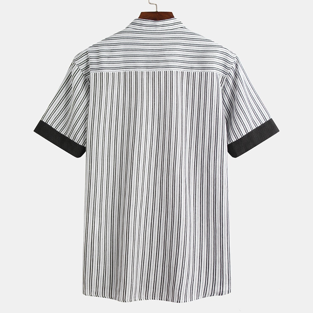 Mens Summer Buttons Fly Stripe Breathable Loose Casual Shirt - M White - Image 2