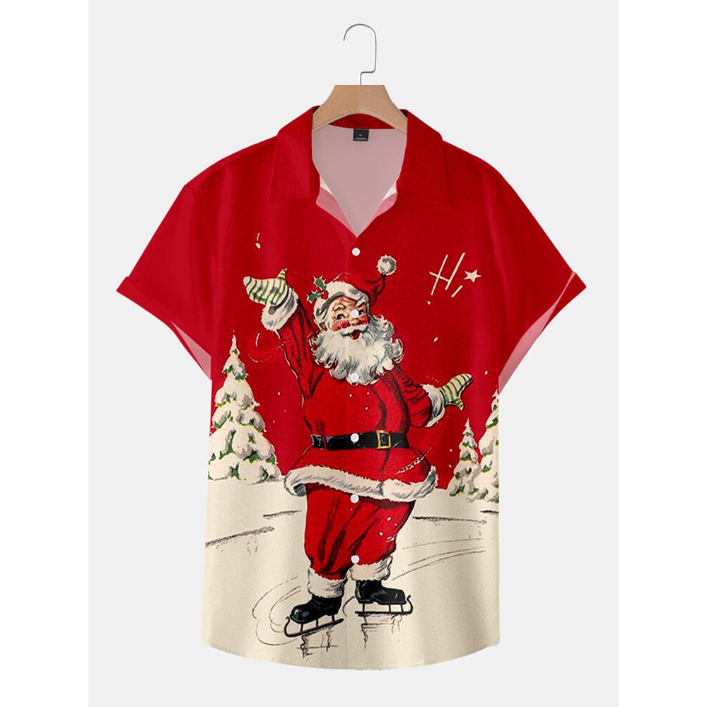 Men  Santa Claus Lapel Collar Short Sleeve Casual Shirts - Red M