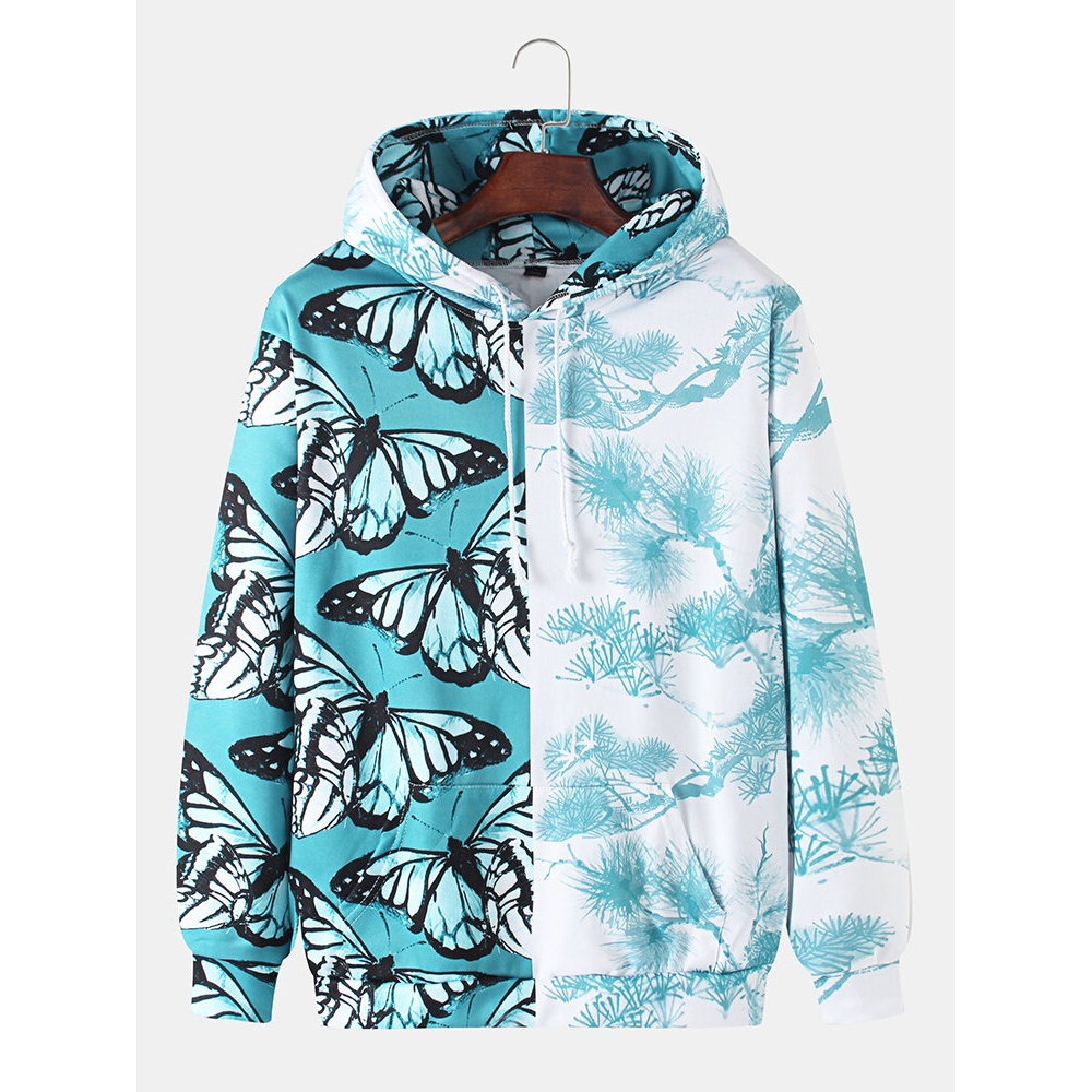 Mens Allover Butterfly Plant Print Patchwork Loose Pouch Pocket Drawstring Hoodies - Blue 2XL
