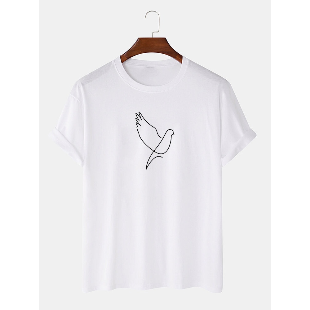 Mens Stick Figure Peace Dove Print White Short Sleeve Casual T-Shirts - White L