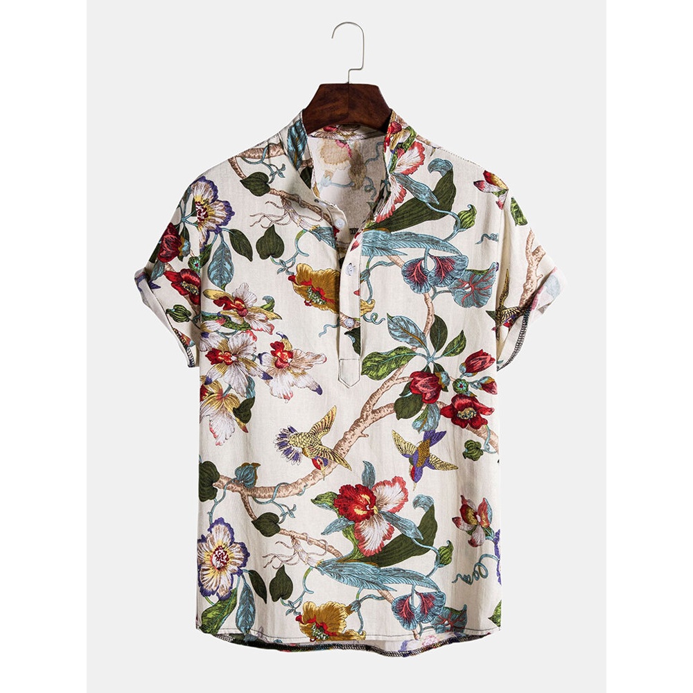 Mens Holiday Classic Floral Printed Short Sleeve Casual Henley Shirts - Navy M
