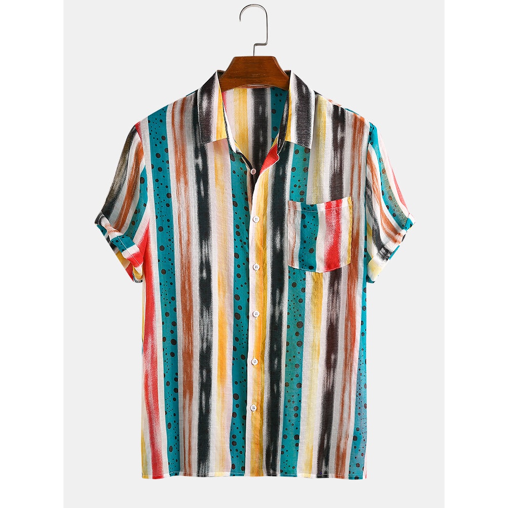 Men Cotton Colorful Stripe Dot Mined Print Short Sleeve Holiday Casual Shirt - Blue 2XL