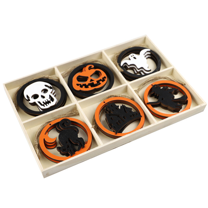 Colorful Six-square Grid Ghost Pendant Wooden Chips Home Party Decoration Creative Festival Gift - 18PCS/Box - 29.6*19.9*21.cm - Image 2