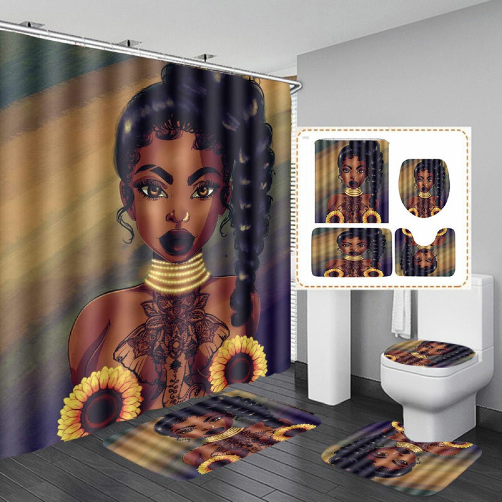 African Black Woman Girl Bathroom Shower Curtain Toilet Cover Pedestal Decor Set - Type B