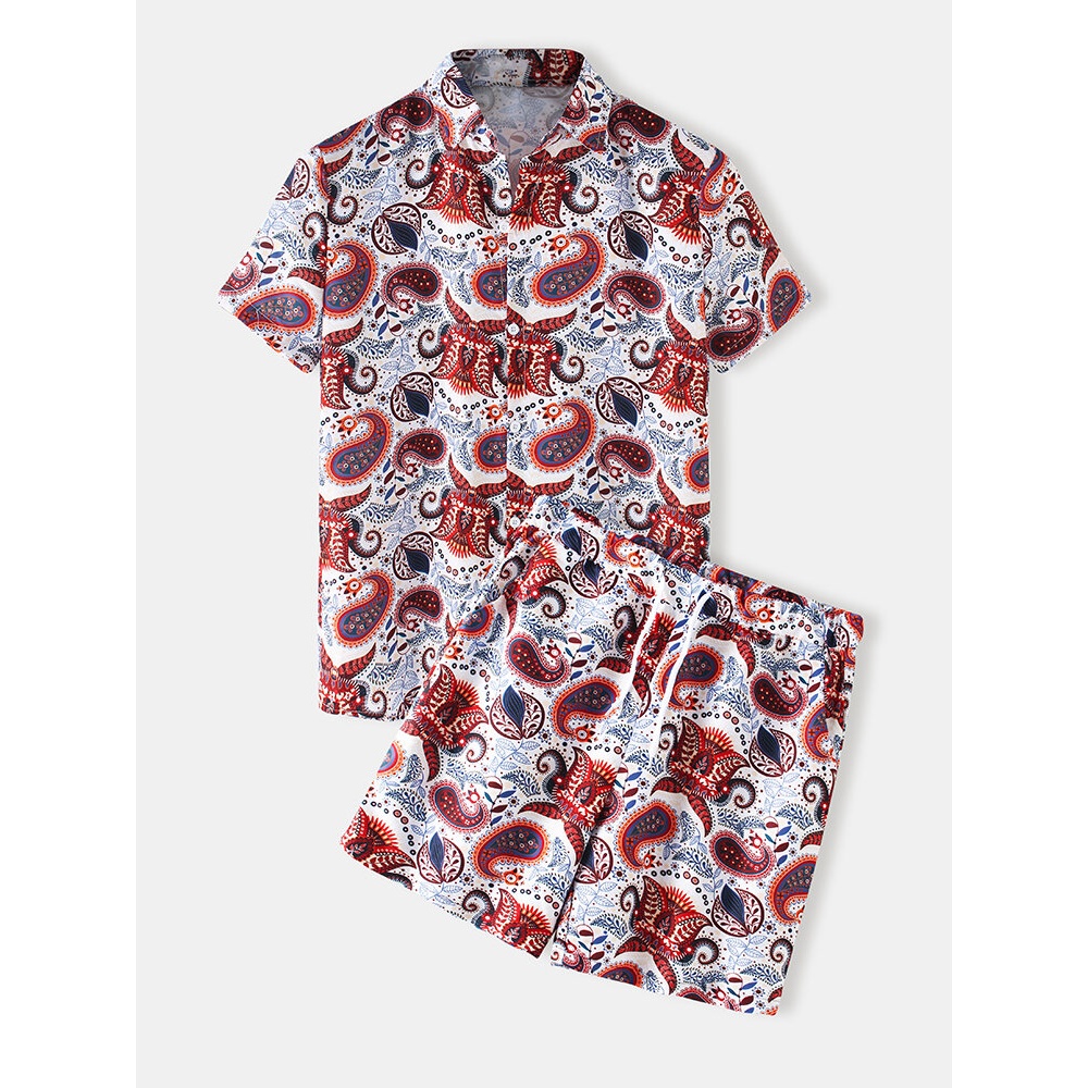 Mens Ethnic Paisley Print Light Drawstring Shorts Casual Set - Black L