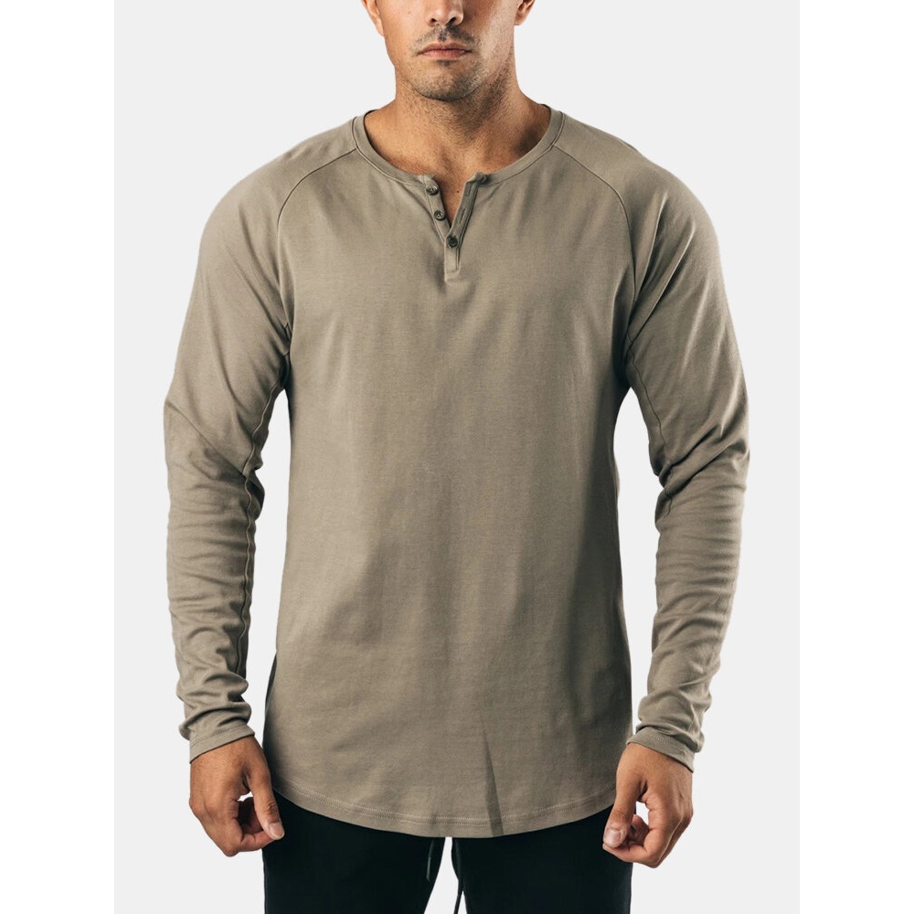 Mens Cotton Solid Color Button Round Neck Long Sleeve Basic T-Shirt - White M