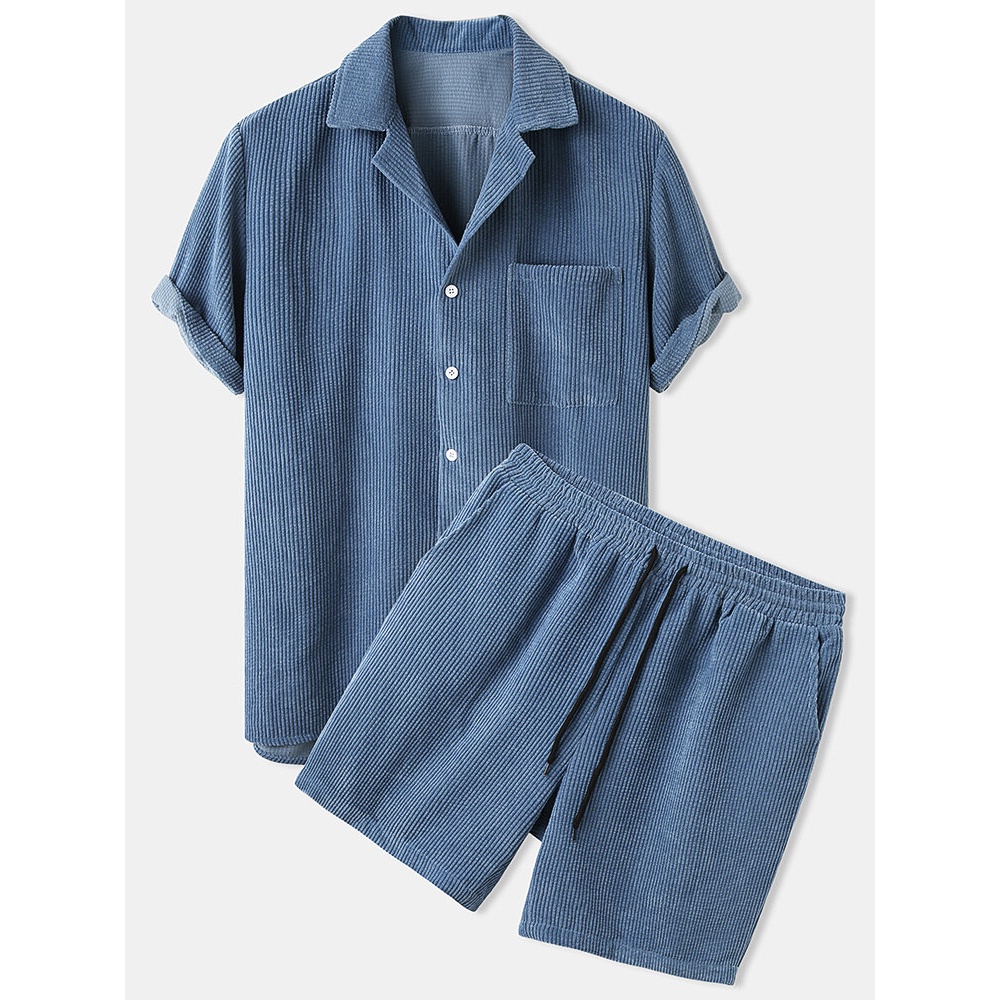 Mens Light Corduroy Solid Color Patch Pocket Elastic Waist Breathable Shirt & Shorts - Blue S