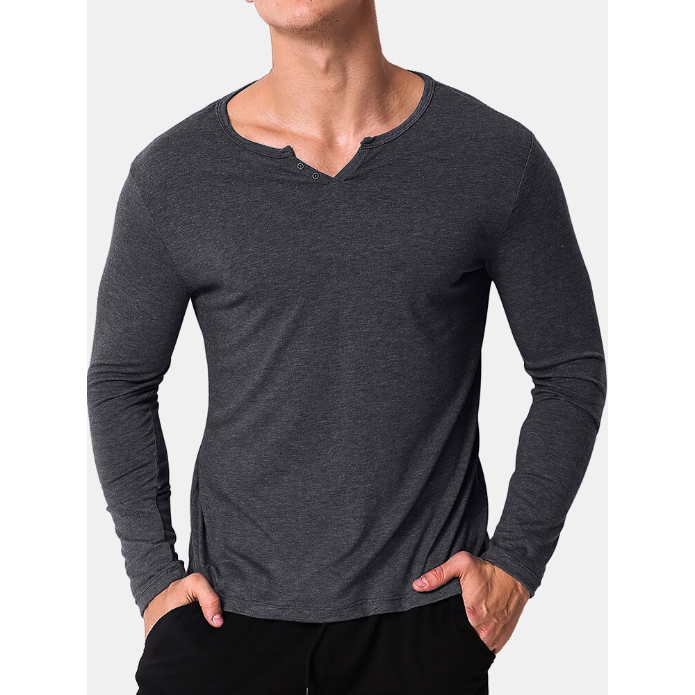 Men's Long Sleeve T Shirt Cotton Undershirt V Neck Tee Henley Shirts Slim Fit Tops - 2XL Blue