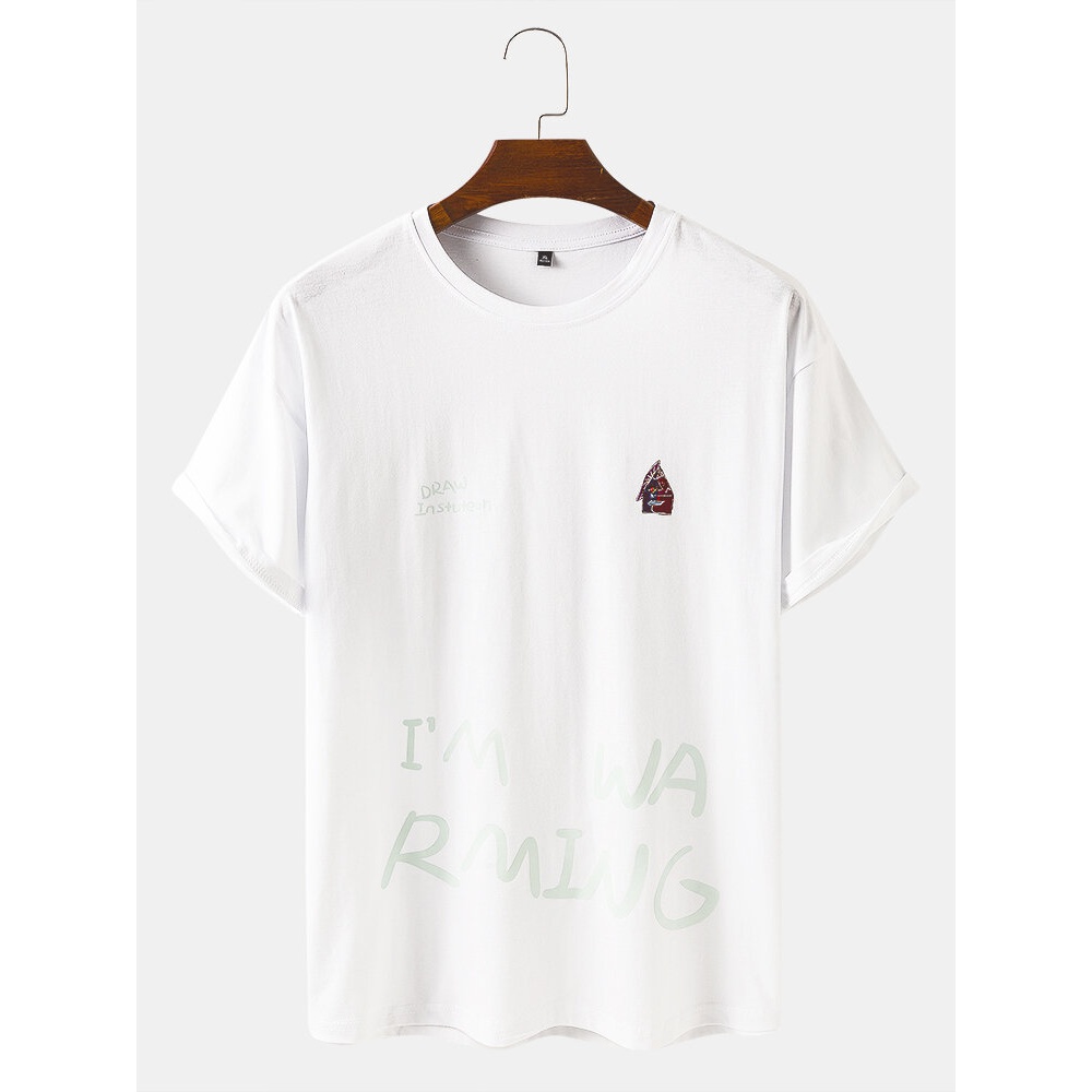 Loose Mens Cotton Abstract Pattern Script Print Short Sleeve T-Shirts - White M