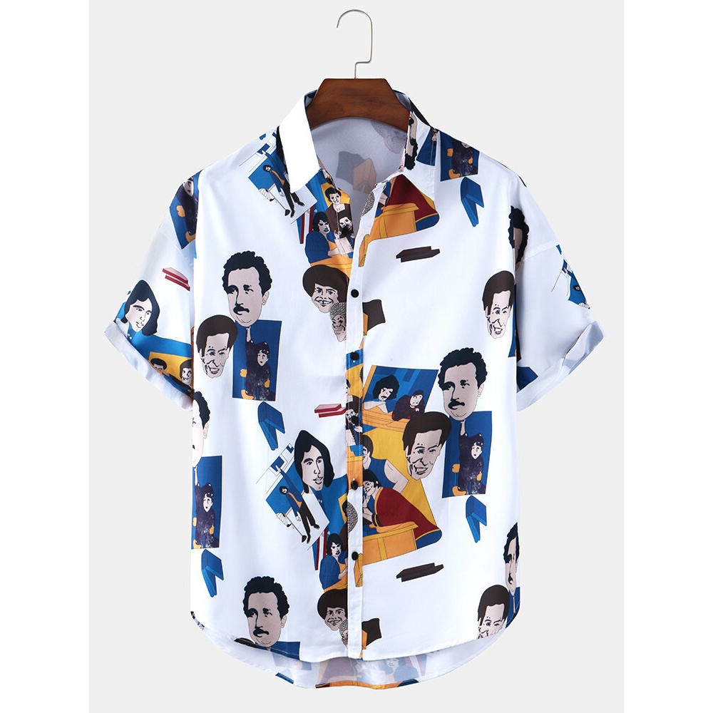 Mens Casual Figure Cartoon Print Funny Short Sleeve Leisure Shirts - White M