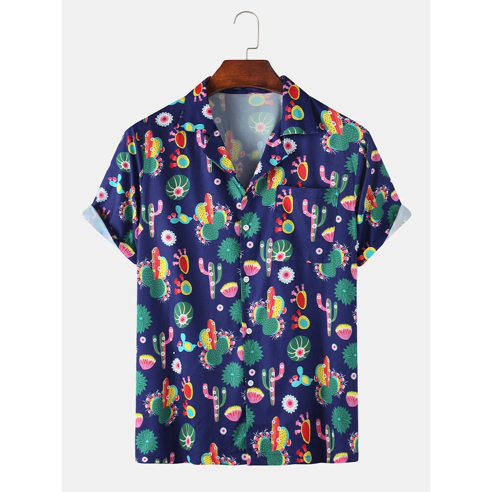 Cartoon Style Revere Breathable Fruits Printing Short Sleeve Casual Shirts - Blue L