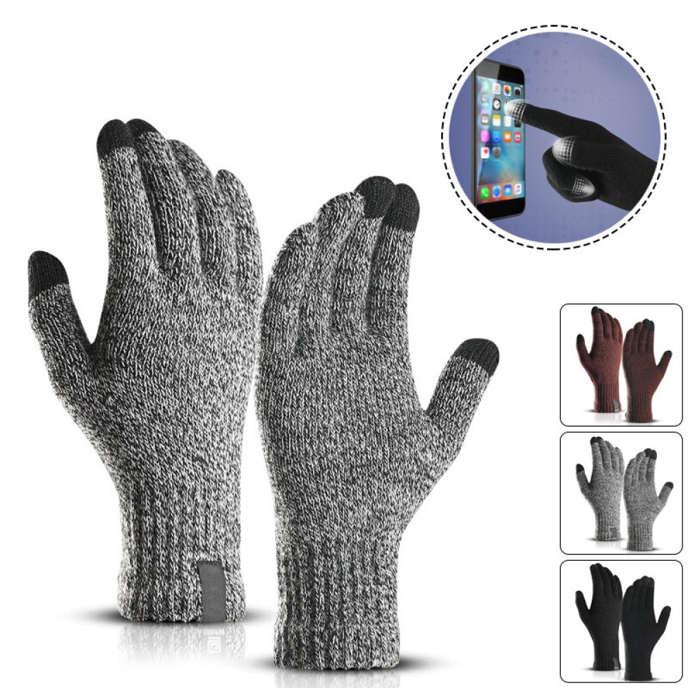 Winter Knitted Wool Touch Screen Gloves Men Warm Short Plush Lining Full Finger Sport Cycling Gloves - Red