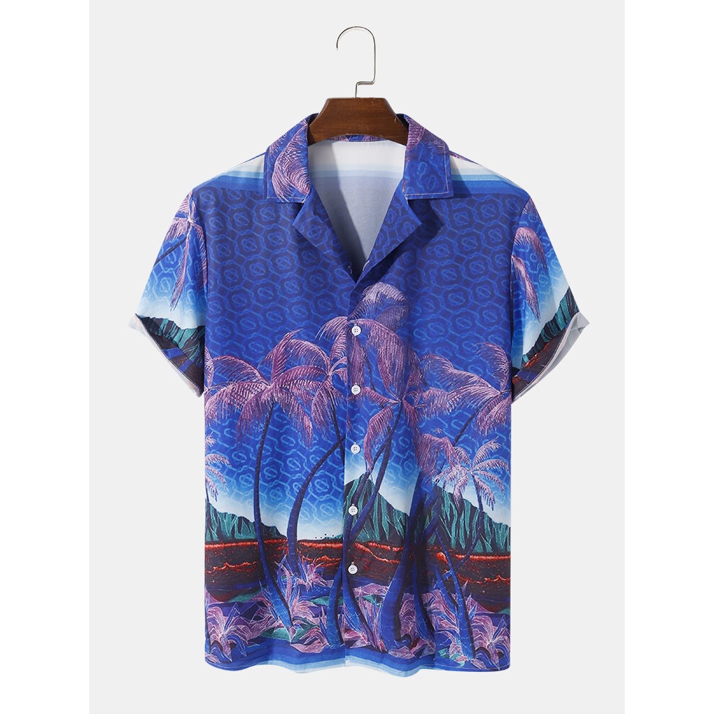 Mens Holiday Coconut Tree Landscape Print Revere Collar Shirts - Blue S