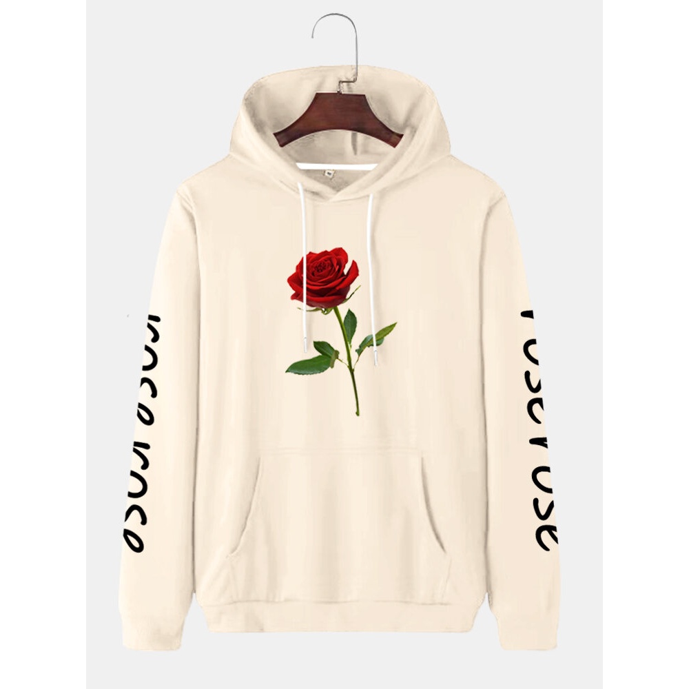 Mens Rose Letter Sleeve Print Cotton Drawstring Pullover Hoodies - Army Green M