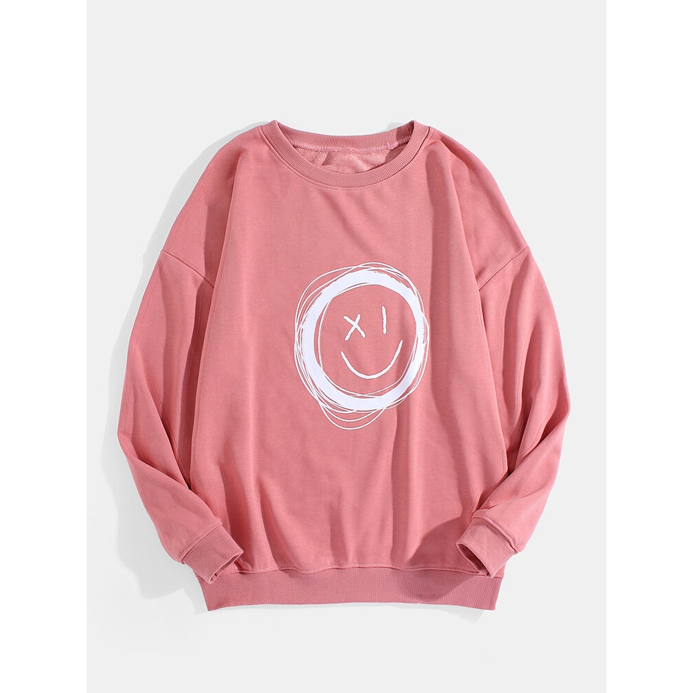 Mens Smile Face Print Round Neck Cotton Casual Drop Shoulder Sweatshirts - Black L