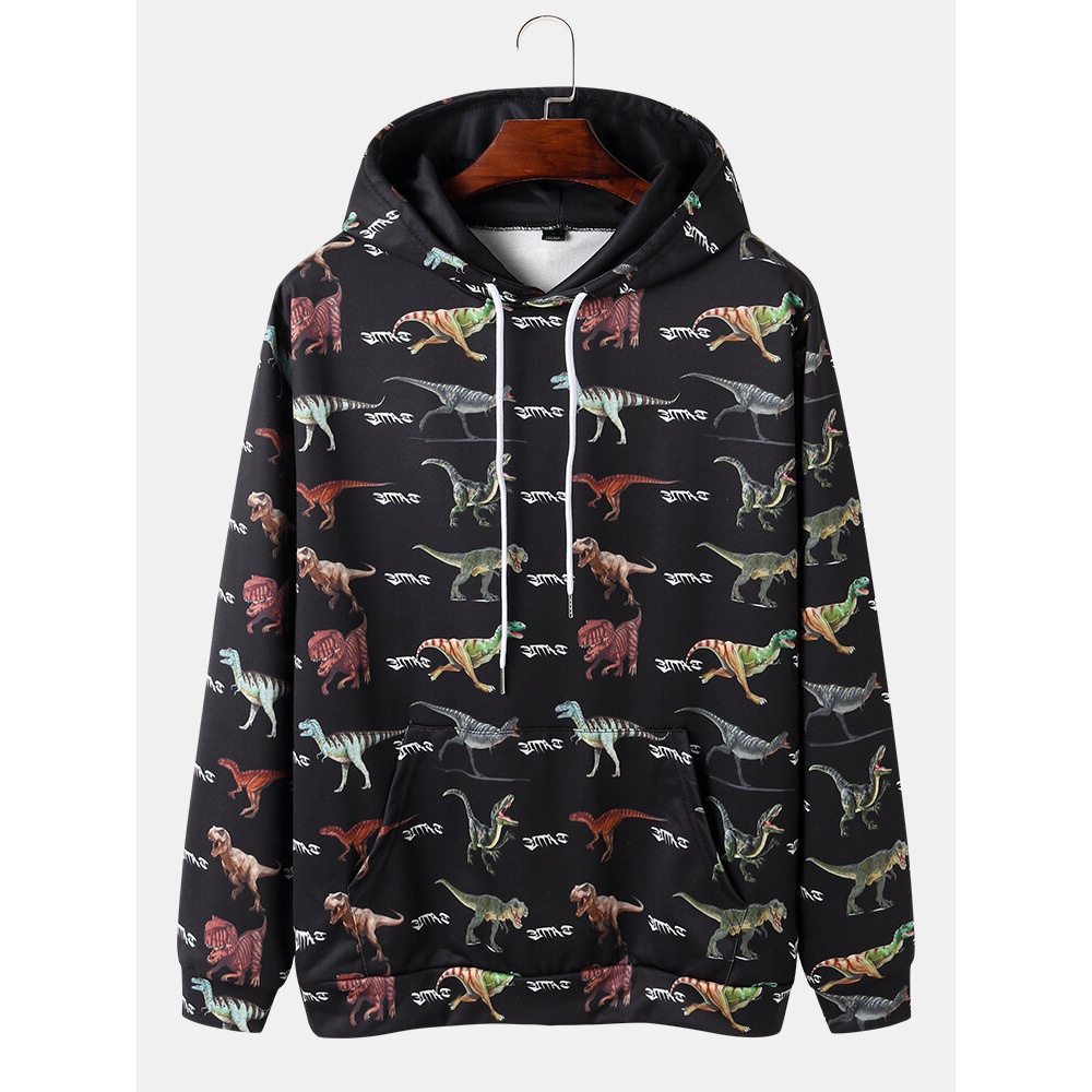Mens All Over Dinosaur Print Drawstring Black Hoodies With Pouch Pocket - Black M