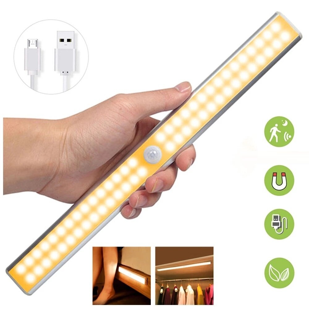LED Closet Light USB Rechargeable Under-Cabinet Lamp Wireless Motion Sensor Night Light with Magnetic Strip for Cabinet Wardrobe - White Light 40 LED