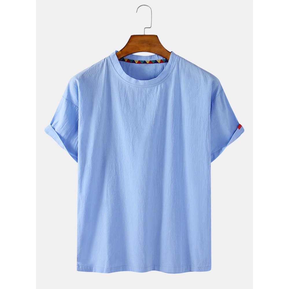 Mens Cotton Solid Color Simple Casual Loose Thin Round Neck T-Shirts - Sky Blue XL