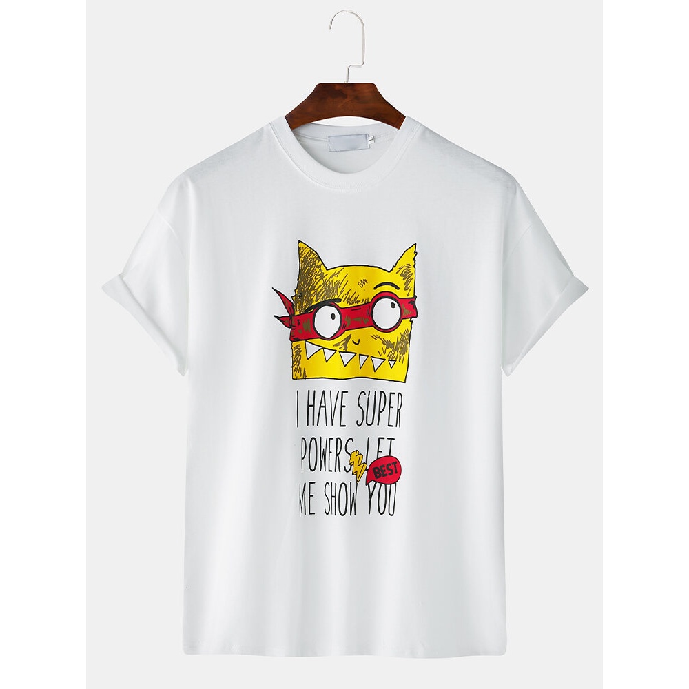 Men Casual Cartoon Cat Print Crew Neck T-Shirts - S White
