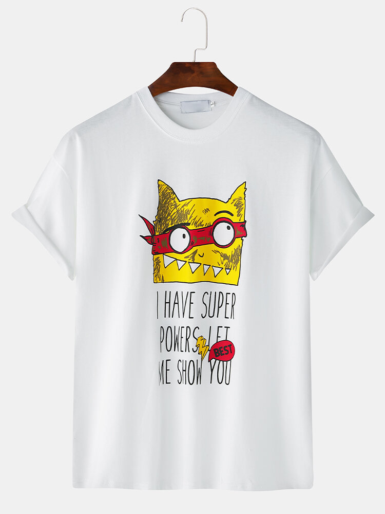 Men Casual Cartoon Cat Print Crew Neck T-Shirts - S White