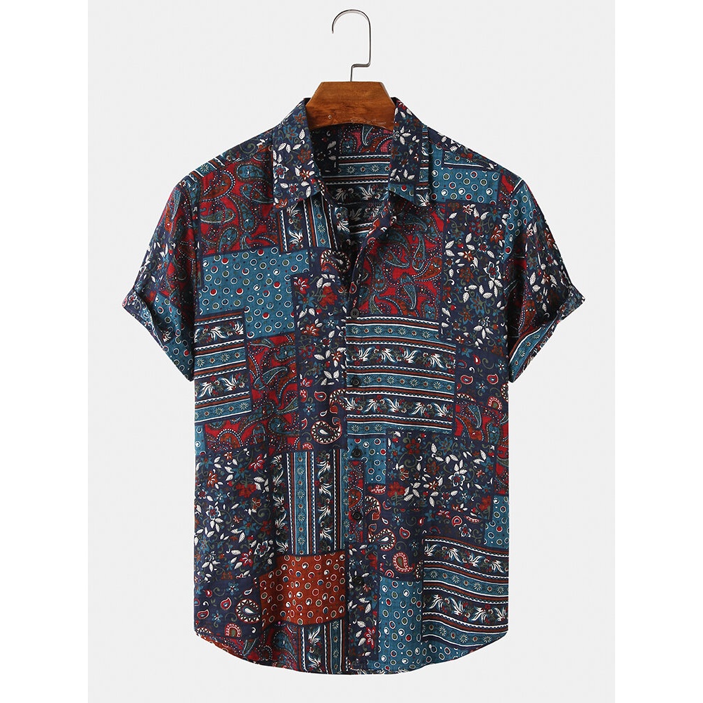 Cotton Vintage Style Button Up Ethnic Mens Short Sleeve Shirts - Colorful L