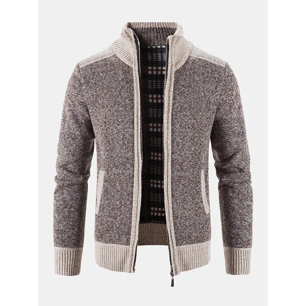Men Knitted Plus Velvets High Neck Elastic Hem Pockets Zipper Sweater Cardigans - Coffee L