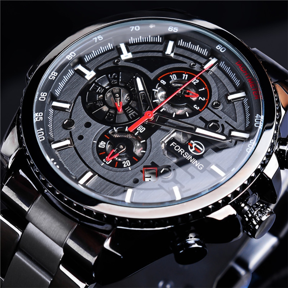 Men Fashion Waterproof Multi-Function Automatic Mechanical Watch Black belt black dial