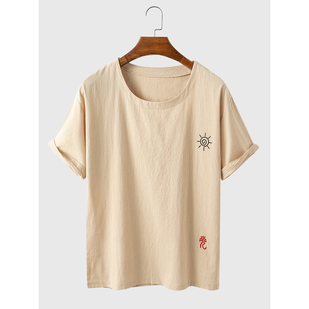 Mens 100% Cotton Abstract Sun Embroidered Simple Short Sleeve Casual T-Shirts - Khaki S