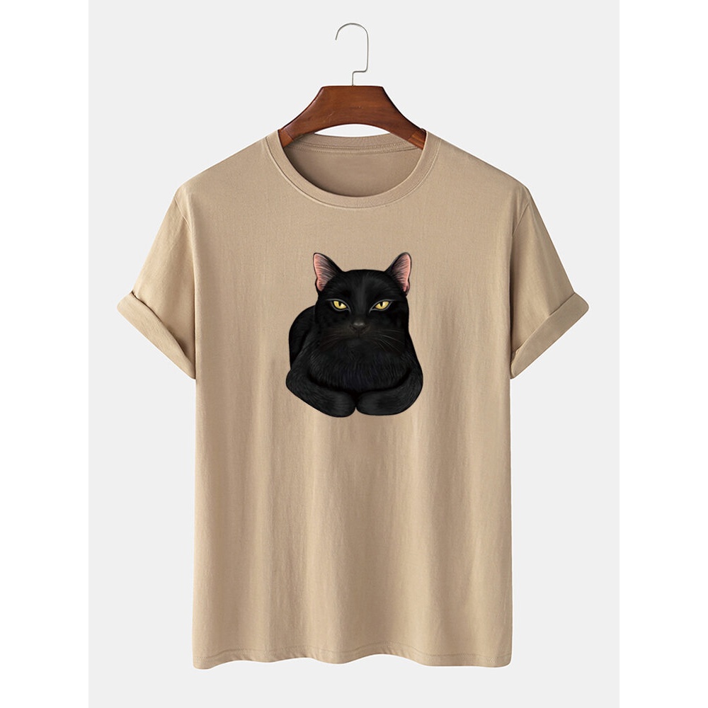 Mens Cute Cartoon Black Cat Pattern Short Sleeve 100% Cotton Casual T-Shirts - Grey L