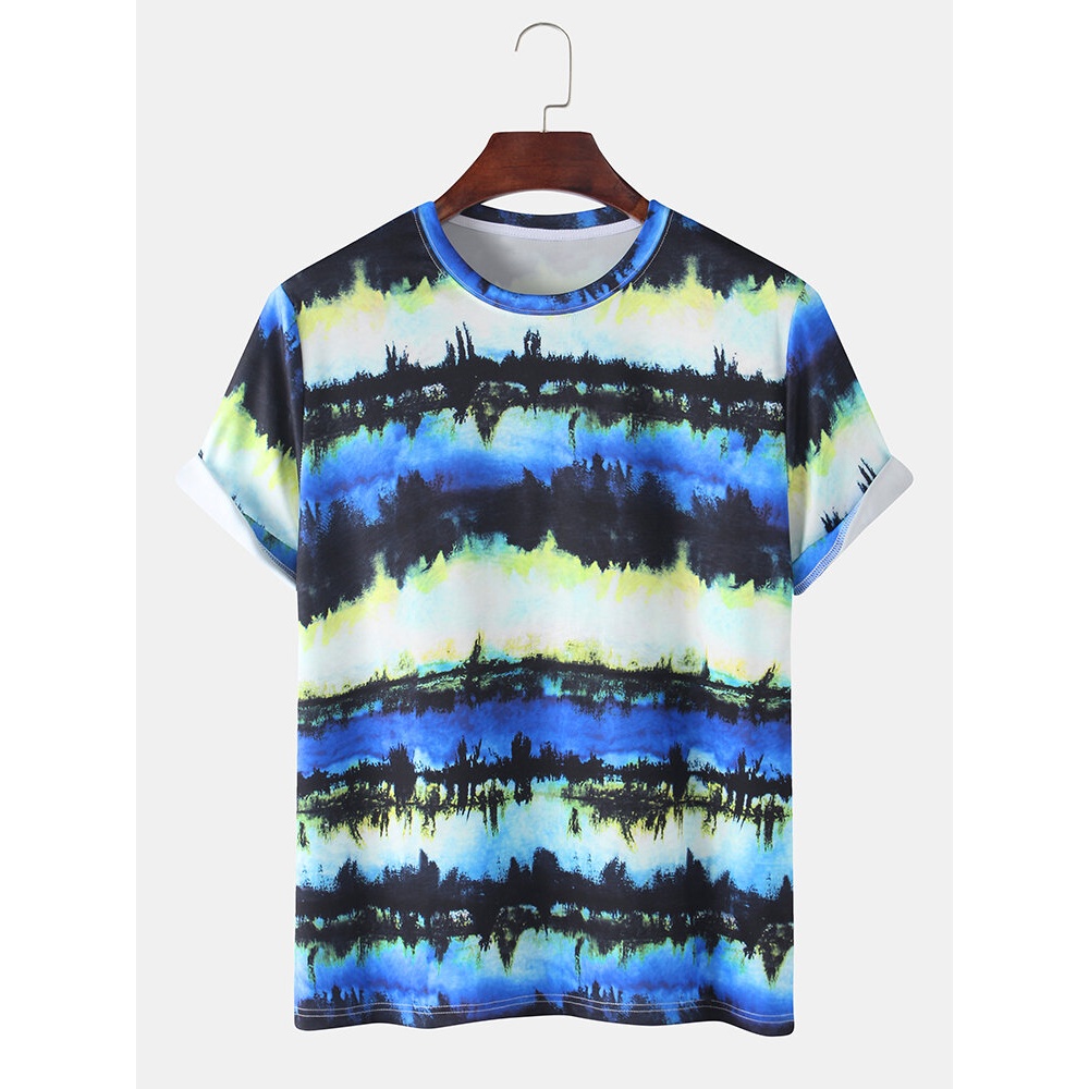 Design Mens Gradient Landscape Print Casual Round Neck Short Sleeve T-Shirts - Colorful M
