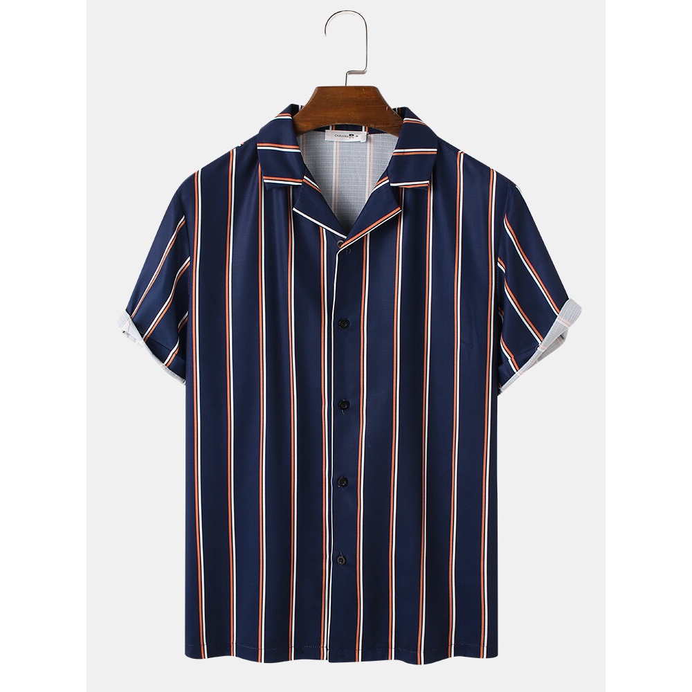 Mens Vertical Striped Revere Collar Button Up Short Sleeve Shirts - Navy S