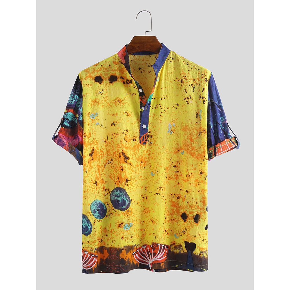 Men Jellyfish Print Half Sleeve Henley Shirts - M Red