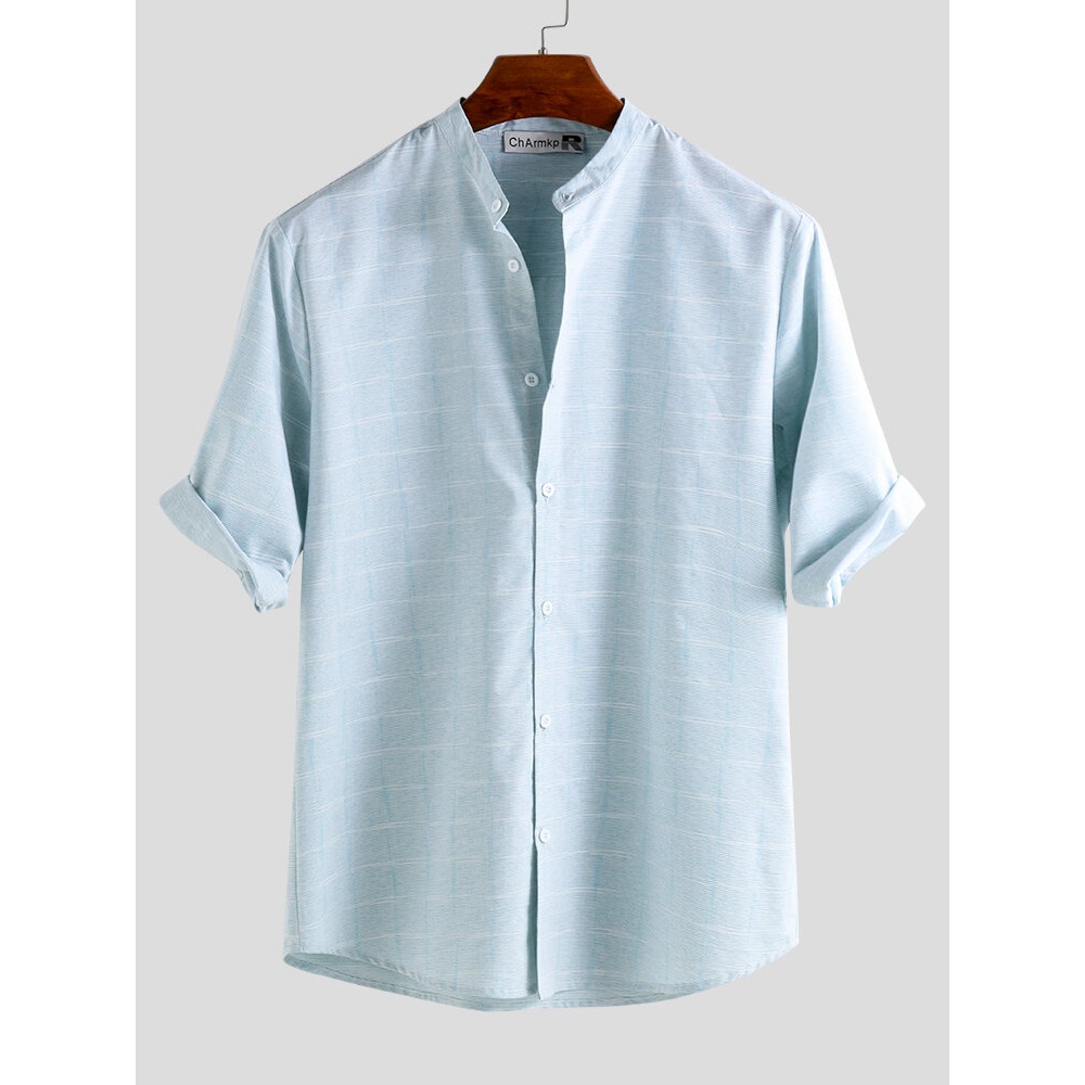 Mens Dark Plaid Stand Collar Half Sleeve Casual Shirts - M Green