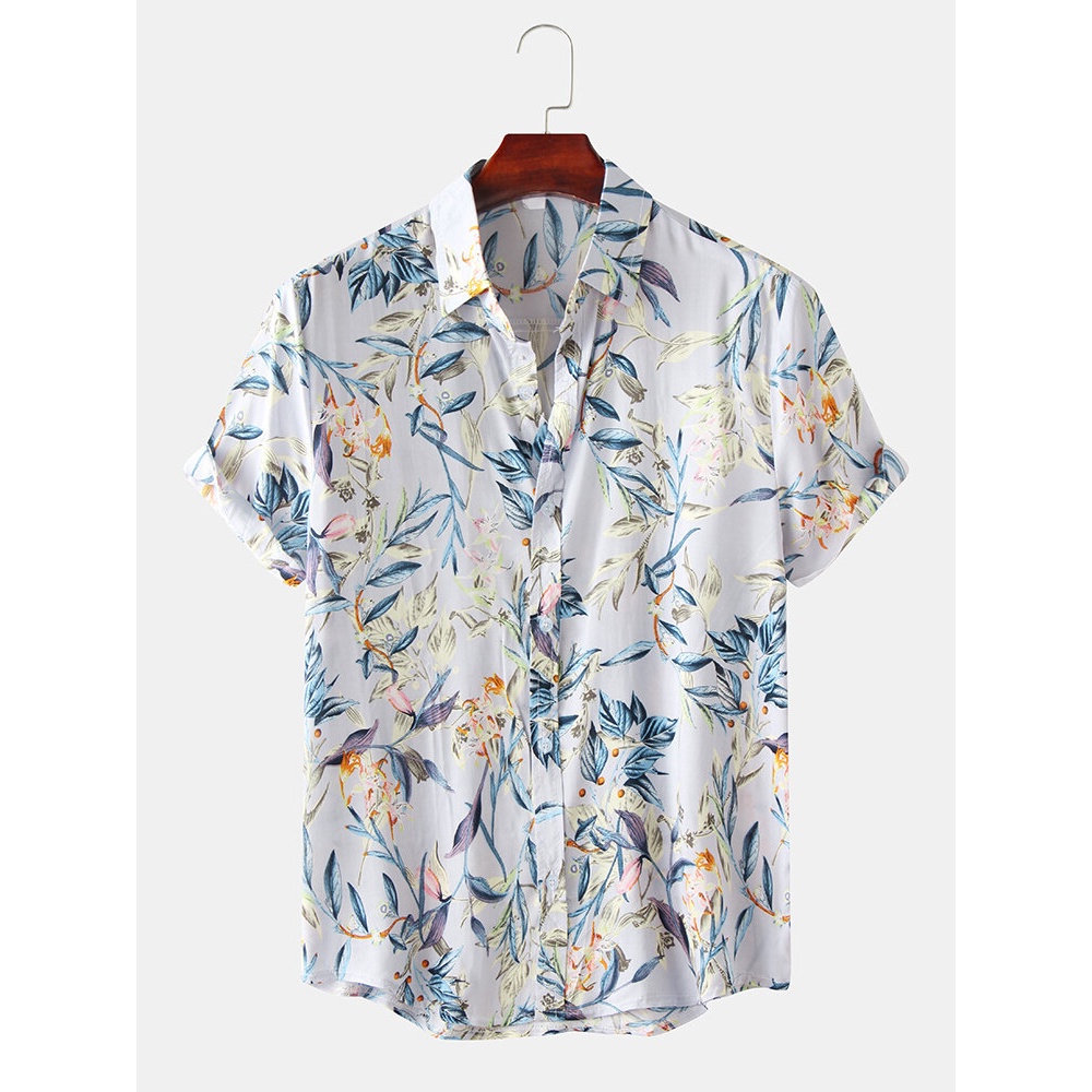 Men Cotton Floral Print Turn Down Collar Hawaii Beach Short Sleeve Shirts - Blue L