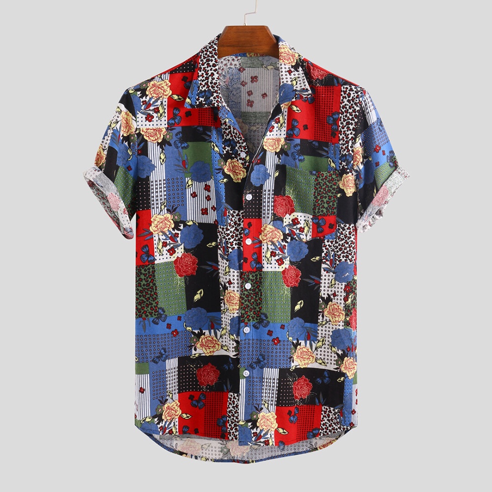 Mens Summer Ethnic Pattern Rose Printed Casual Shirts - L Blue