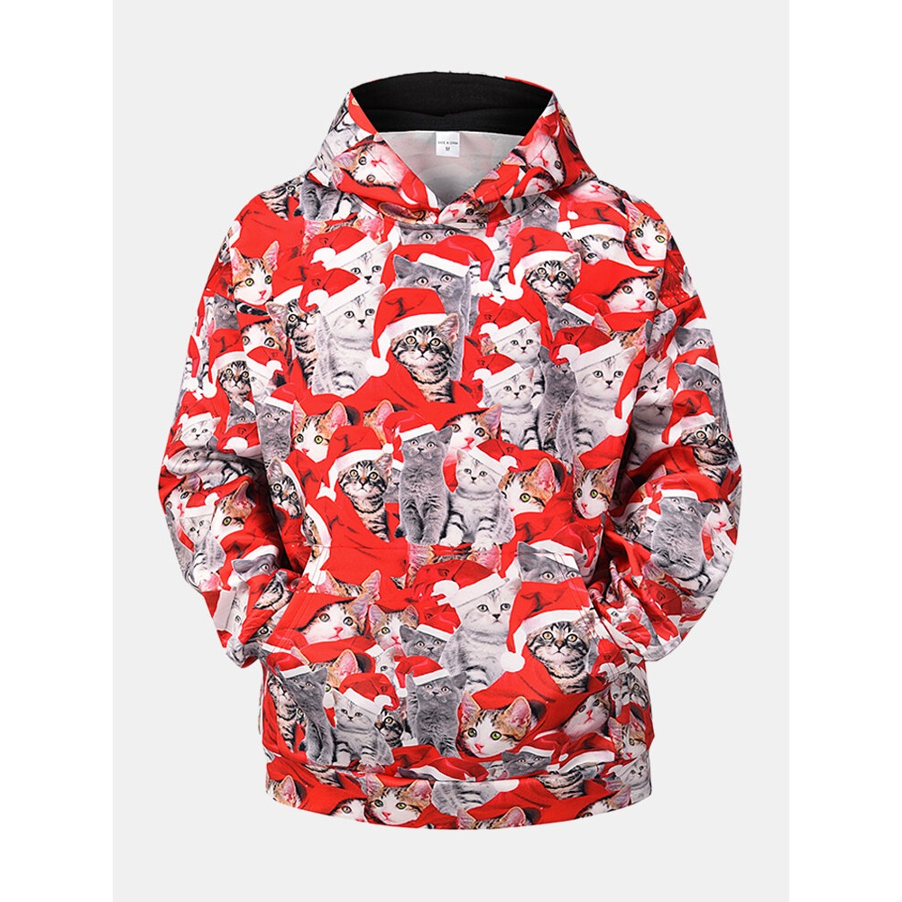 Mens  All Over Cat Print Drop Shoulder Casual Kangaroo Pocket Hoodies - Red XL