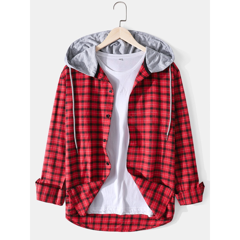Mens Tartan Cotton Casual Long Sleeve Contrast Drawstring Hooded Shirts - Red S