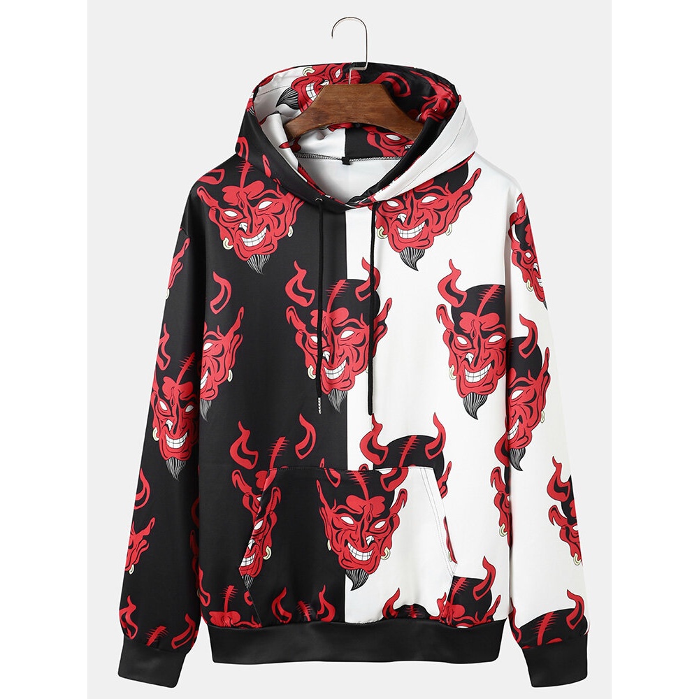 Mens  Devil Printing Patchwork Hooded Sweatshirt With Kangaroo Pocket - Black M