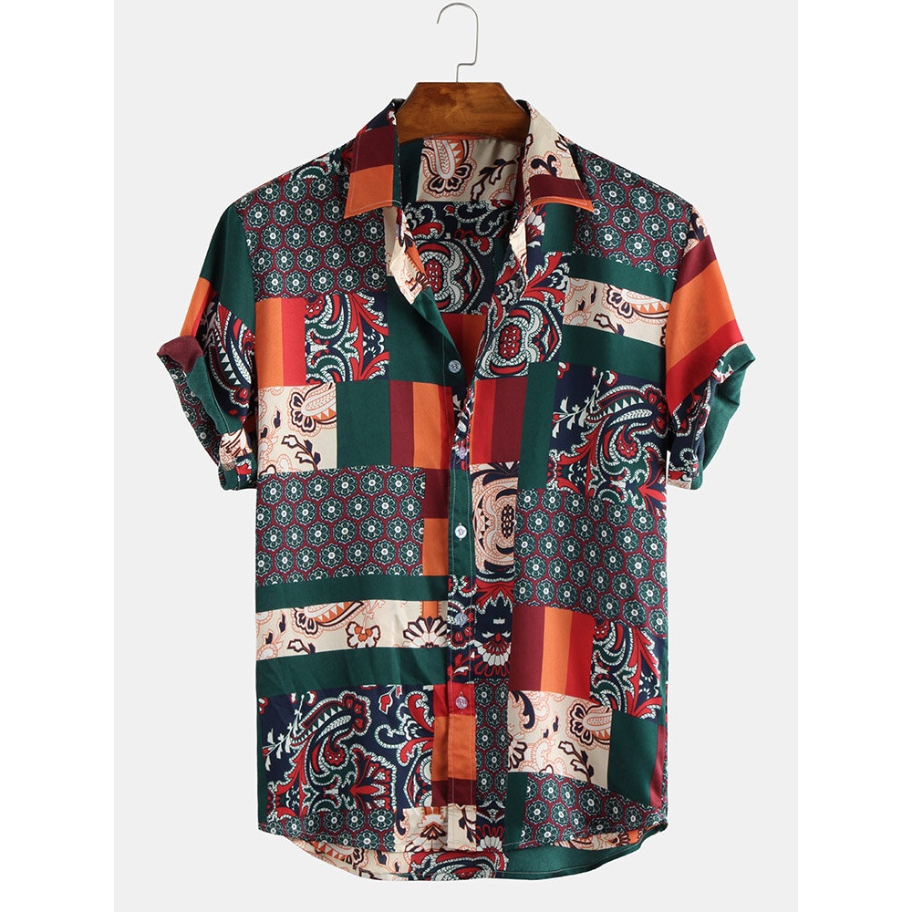 Mens Fahion Colorful Paisly Printed Ethnic Loose Shirts - XL Green