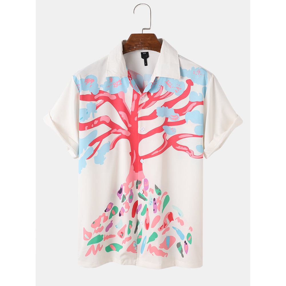 Mens Cartoon Pink Tree Print Revere Collar Short Sleeve Shirt - White S