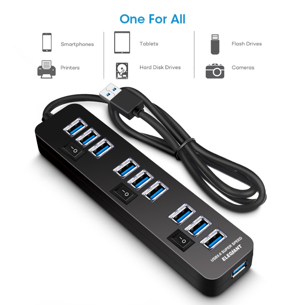 ELEGIANT 10-Ports USB3.0 HUB Adapter Charger Fast Charging for iPhone 12 Pro Max for Samsung Galaxy S21 Note S20 ultra Huawei Mate40 P50 OnePlus 9 Pr - Image 2